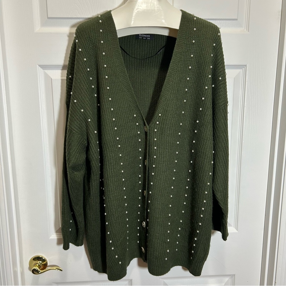 BloomChic Olive Cardigan with Pearl Details